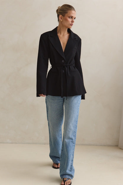 Noir Tailored Cinched Blazer in Black - Sleek, Structured & Figure-Flattering