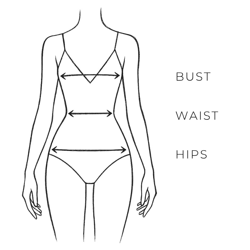 Diagram showing where to measure bust, waist and hips on the body